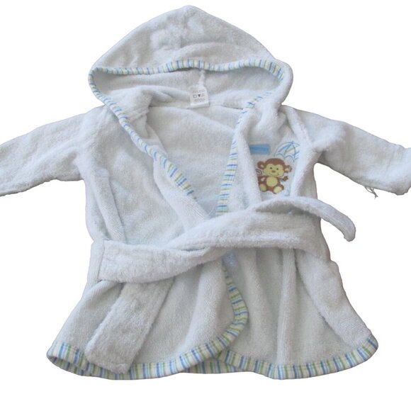 Luvable Friends Terry Cloth Bath Robe Infant Boys Size 0-9M SM White Blue Monkey - Picture 1 of 5